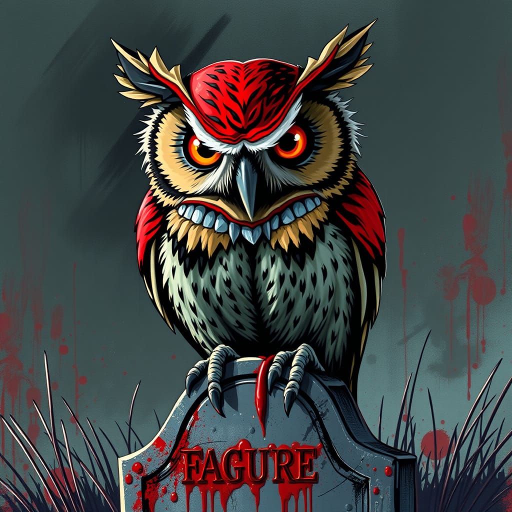 Vampire Owl Dripping Blood on Grave Marker
