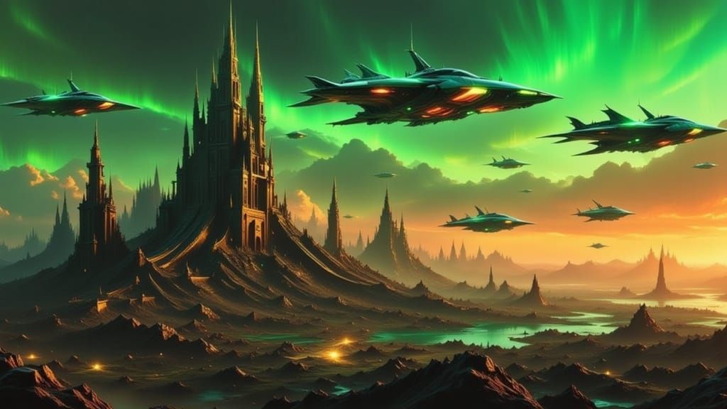 Futuristic Starships Soar Over Ancient Alien Ruins