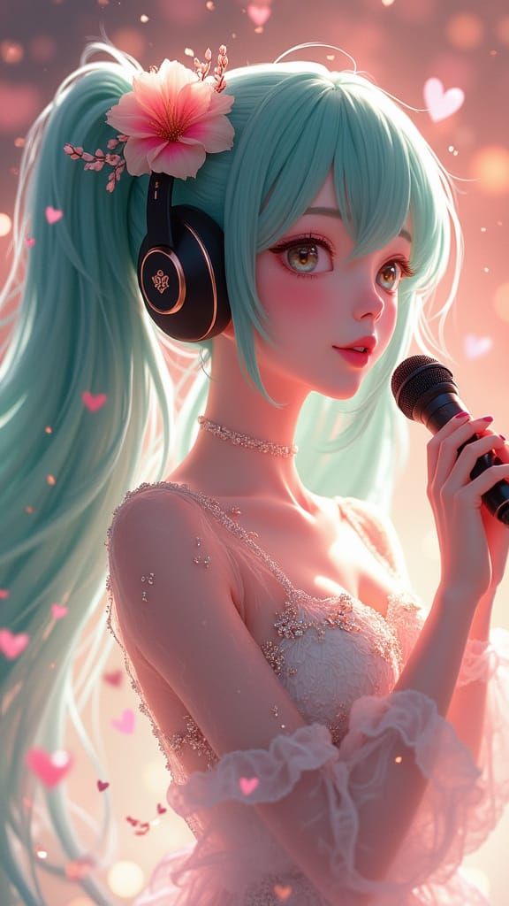 Hyper-Realistic Anime Woman in Dreamy Stage Scene