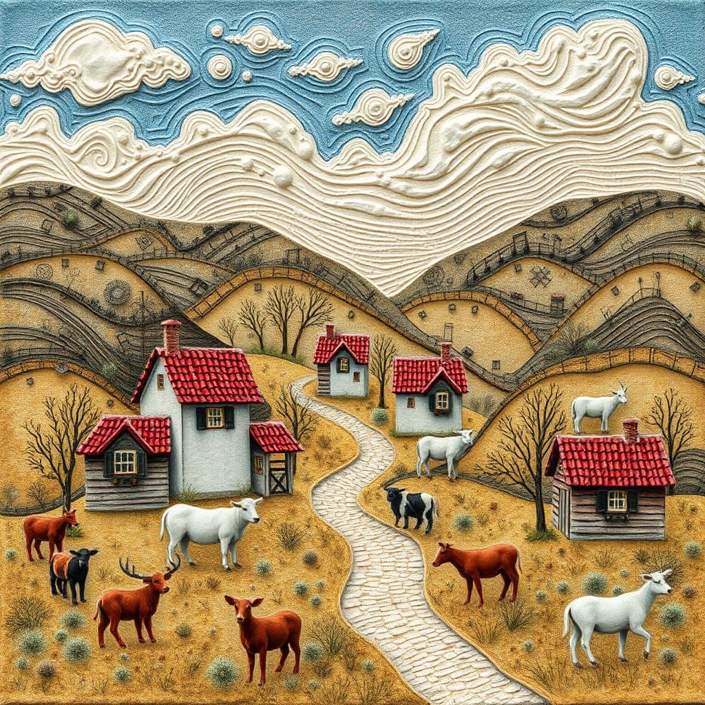 Encaustic Village Scene with Animals and Abstract Elements