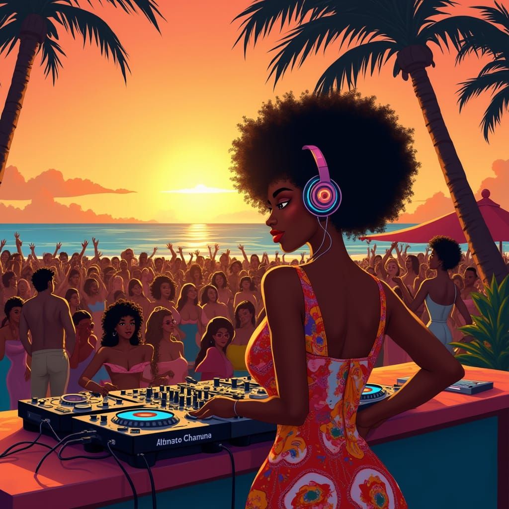 Afro-Latina DJ Sunset Beach Party: Bold Modern Art
