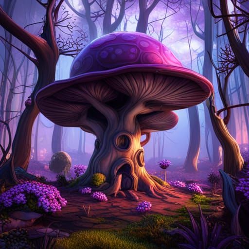 Fantastical Purple Mushroom Treehouse Concept Art