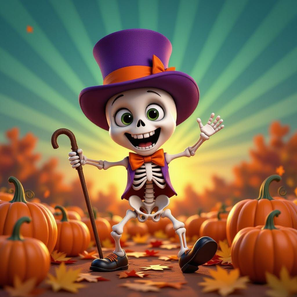 Skeleton Tap Dancer in Halloween Pumpkin Patch