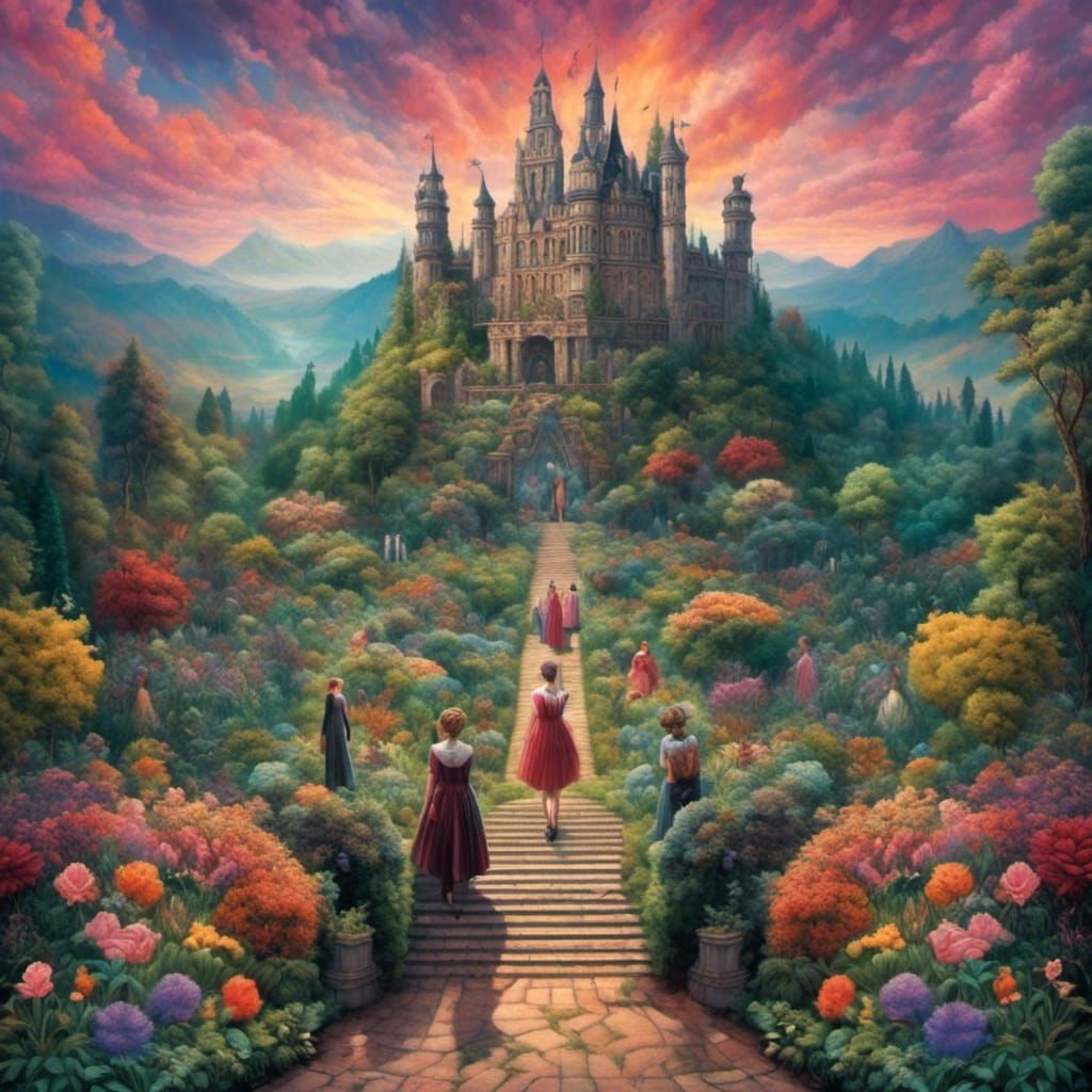 Enchanting Garden Path to Castle in Dark Forest