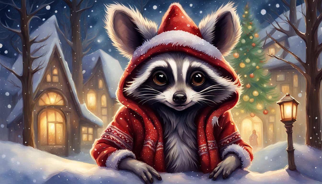 Christmas Raccoon Bird in Winter Fantasy: Digital Art