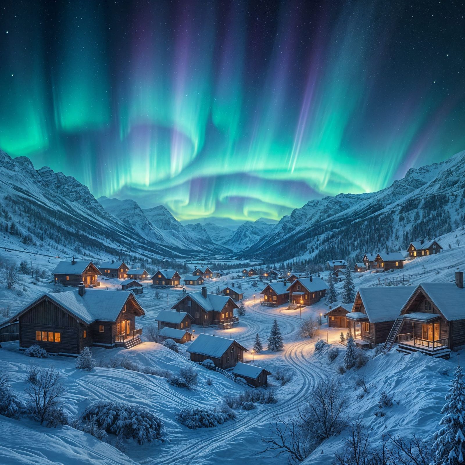Magical Northern Lights Over Snowy Village