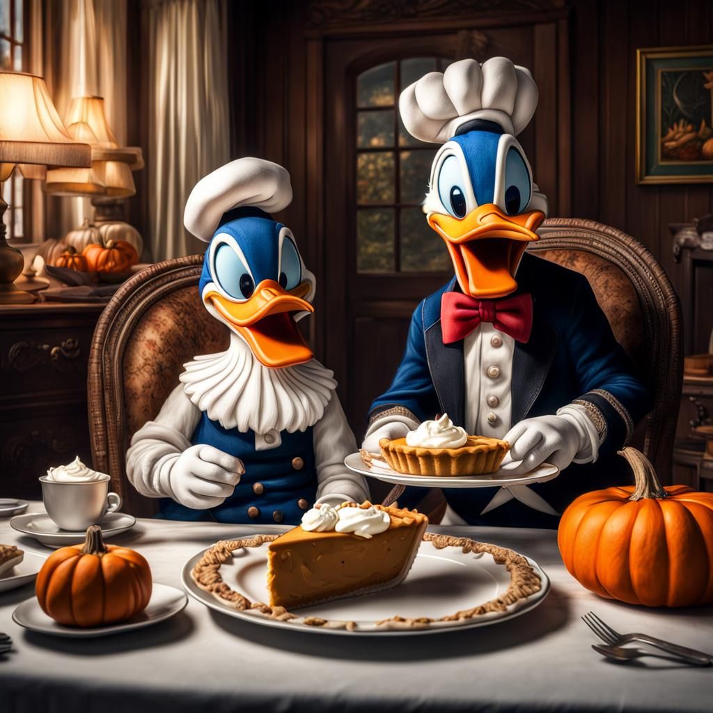 Donald Duck and Turkey Share Thanksgiving Feast