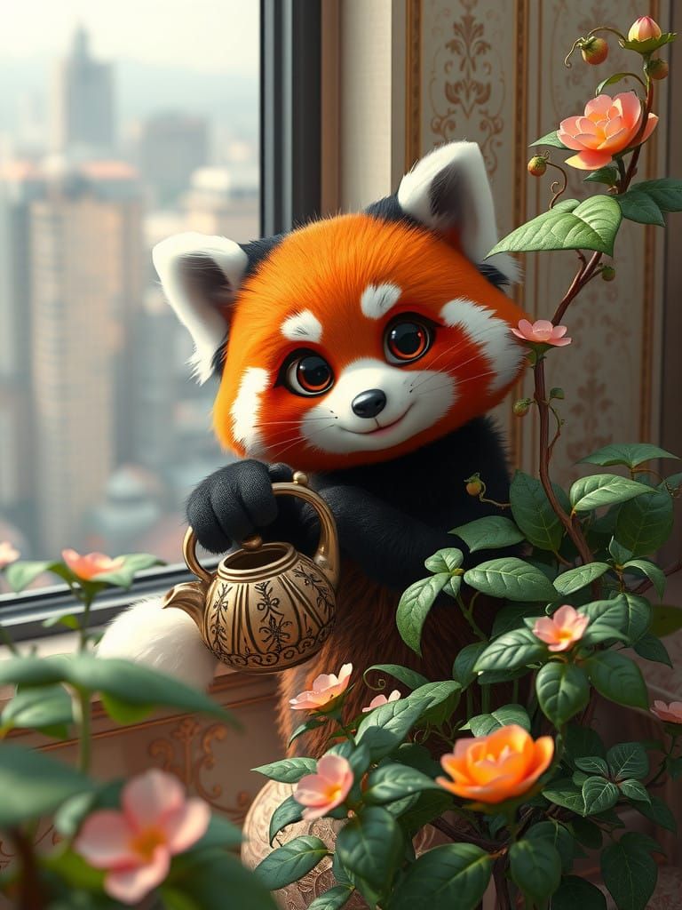 Kawaii Red Panda Tends Blooming Plants in Cozy City Apartmen...