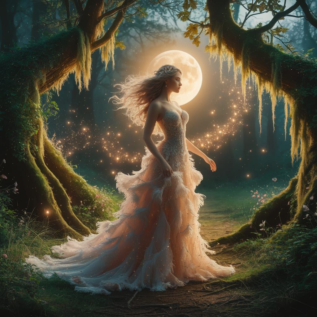 Ethereal Woman in Moonlit Forest, Dreamlike Art