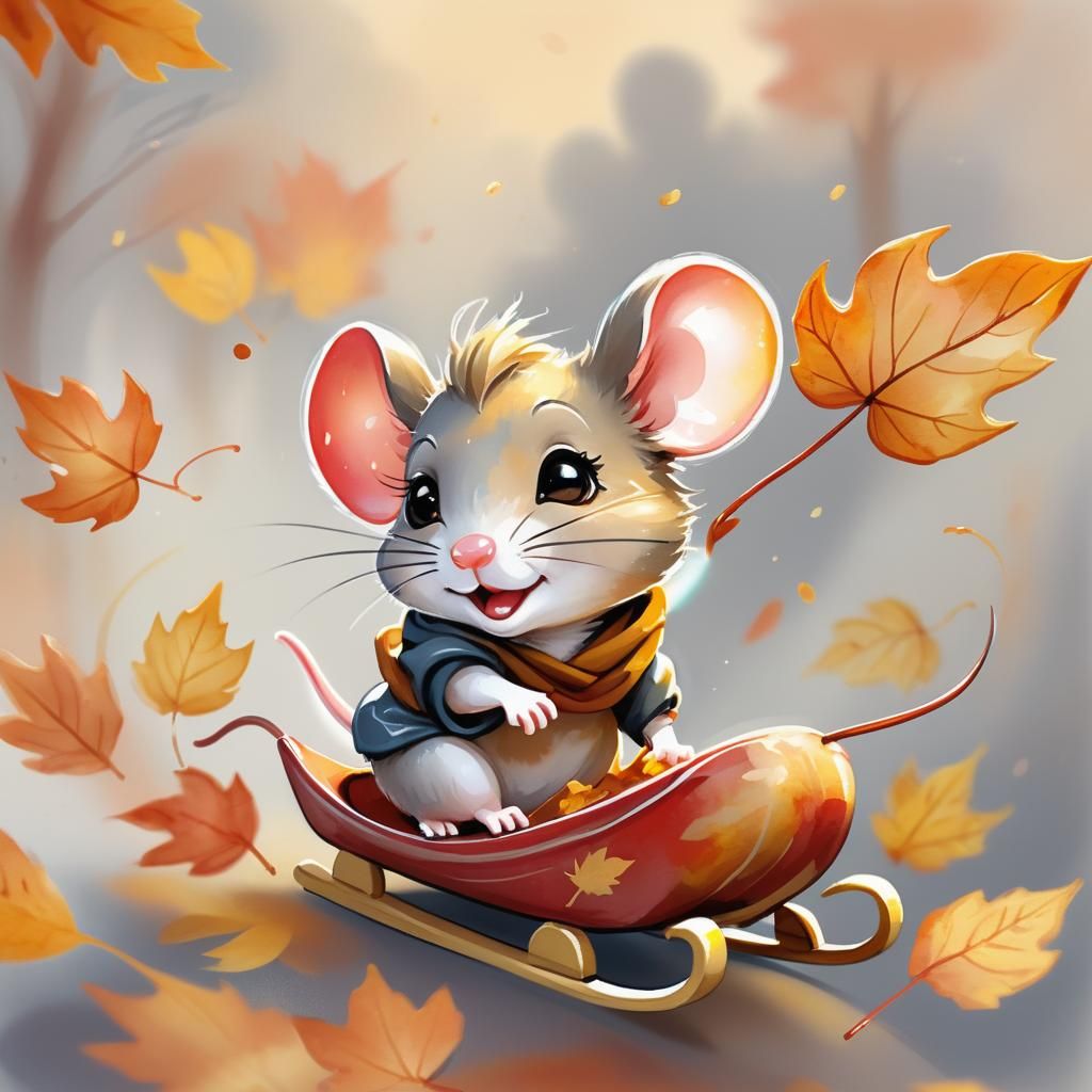 Chibi Mouse Tobogganing on Autumn Leaf Watercolor