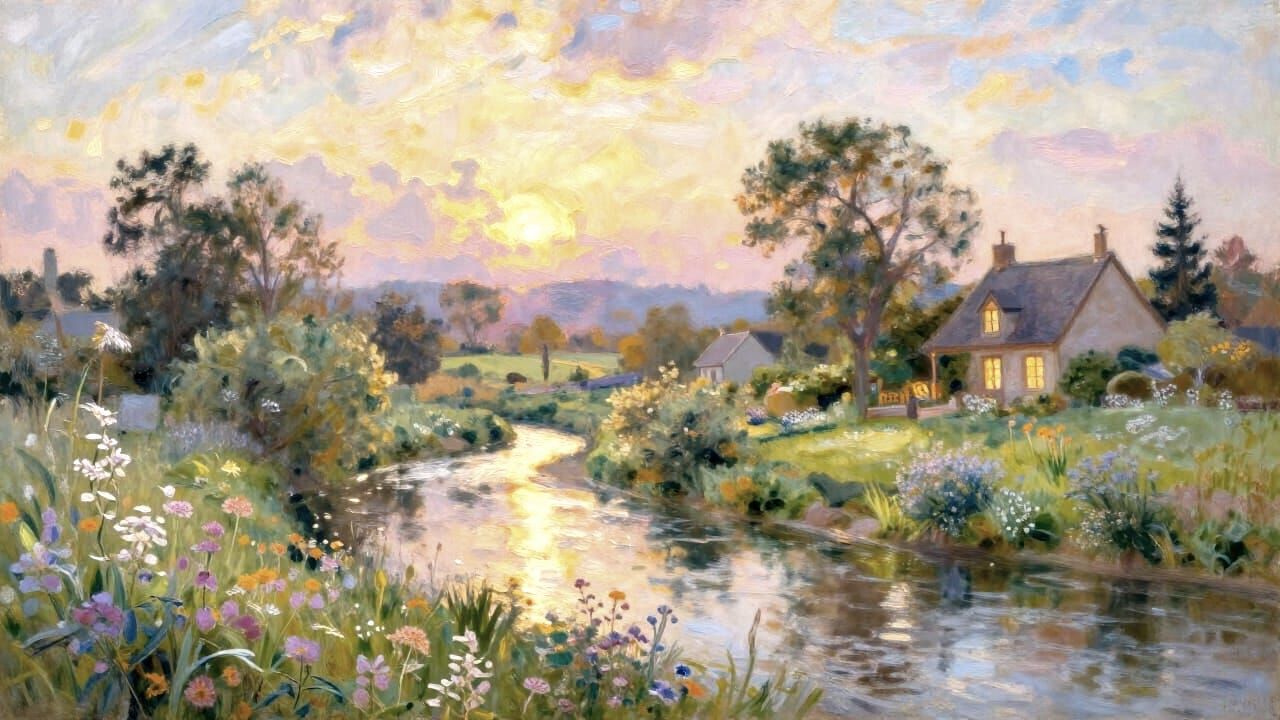 Impressionist Landscape with Glowing Cottages in Golden Hour