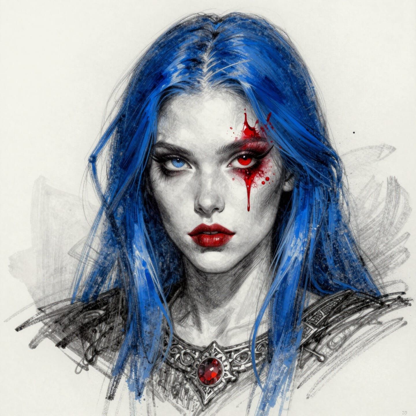 Abstract Medieval Pencil Sketch in Cerulean and Ruby