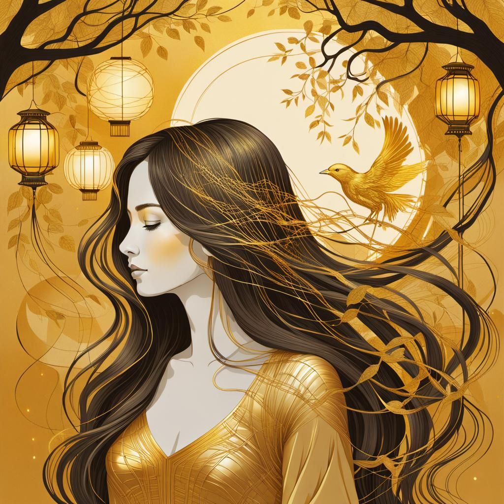Golden Woman with Tangled Hair and Tree Illustration