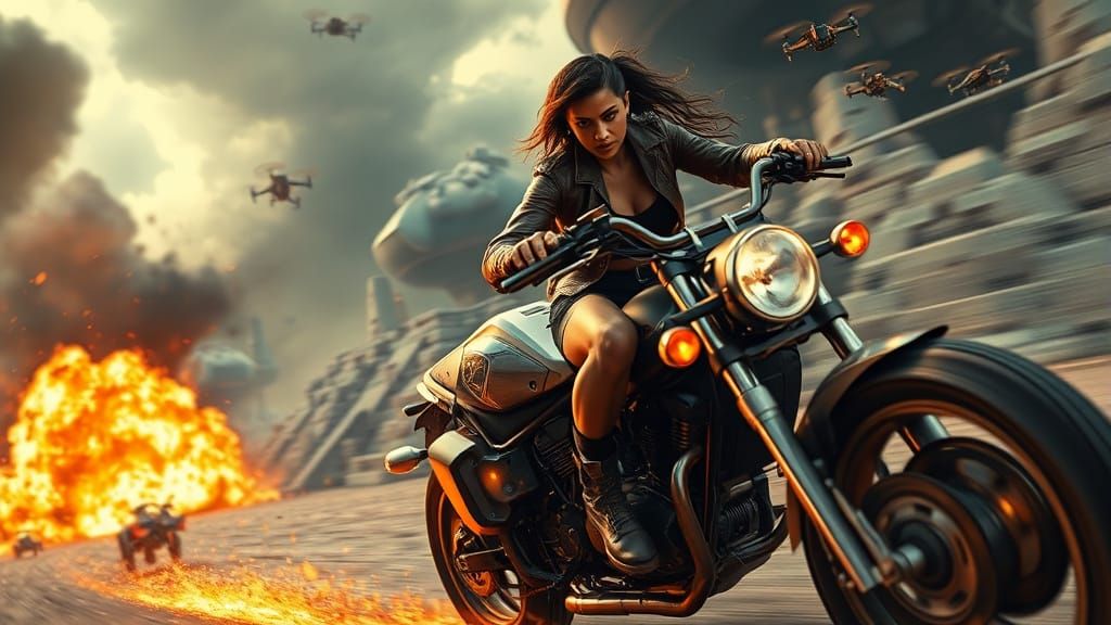 Futuristic Warrior Escapes Explosion on Motorbike