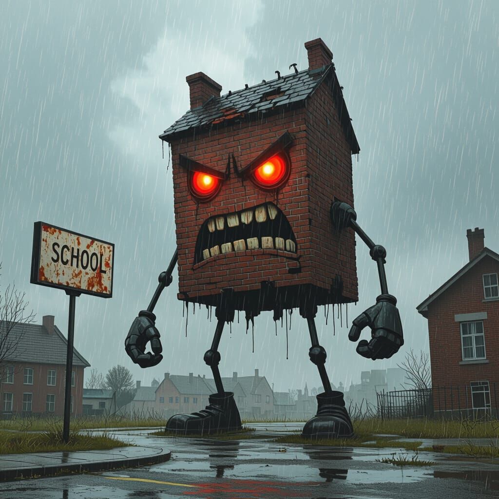 Furious Building with Arms and Legs in Downpour