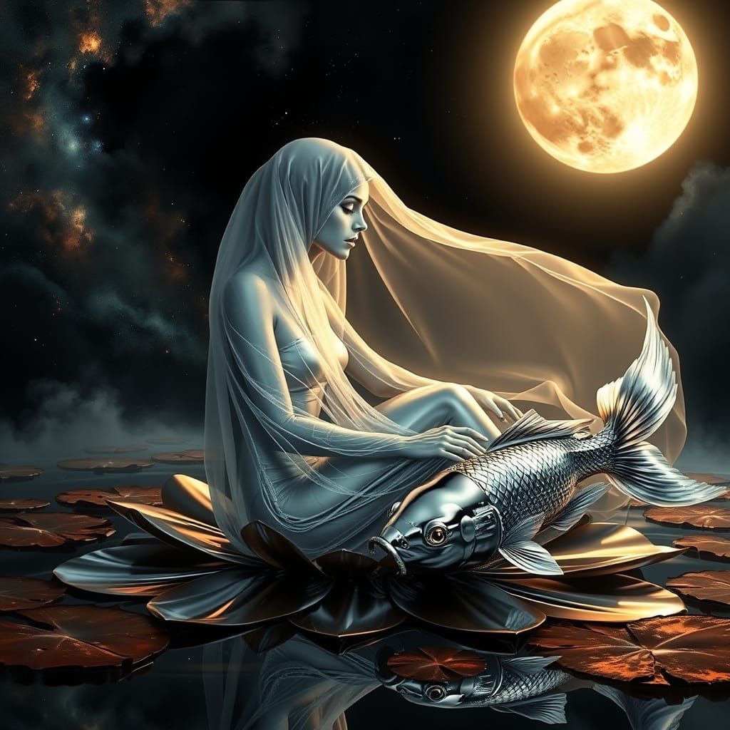 Serene Cosmic Goddess on Chrome Lily Pad in Nebula