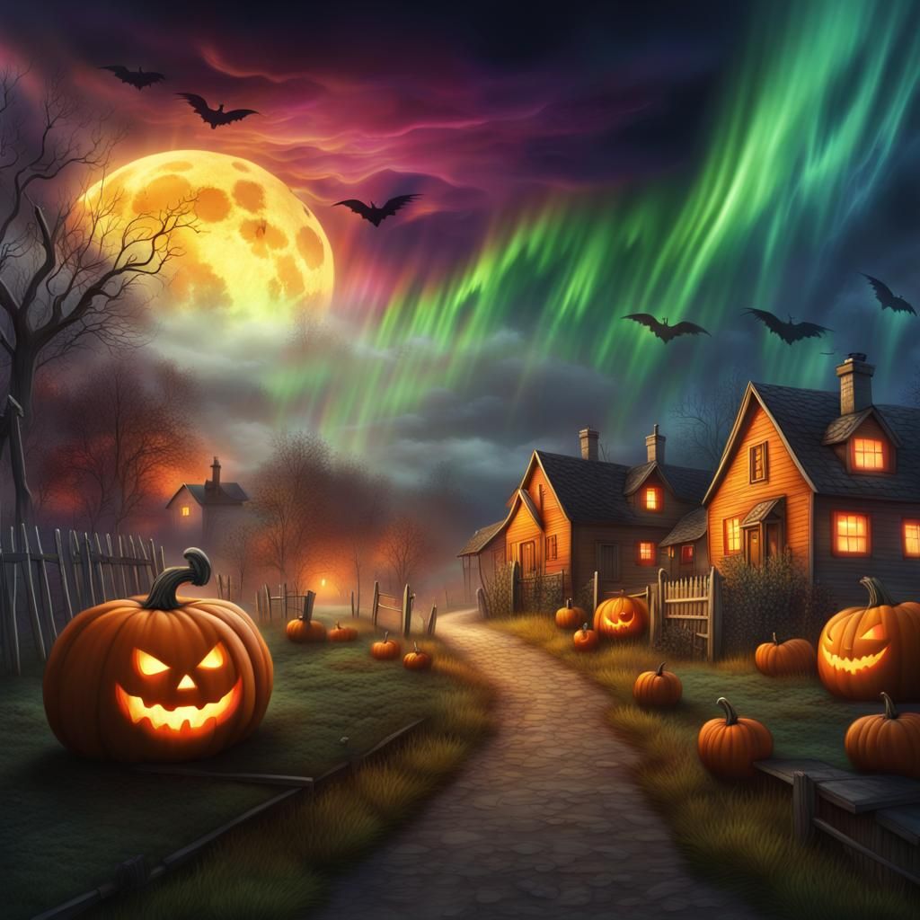 Haunted Village with Aurora Borealis and Mega Moon