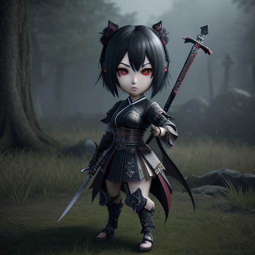 Chibi Gothic Girl with Swords in 3D Style
