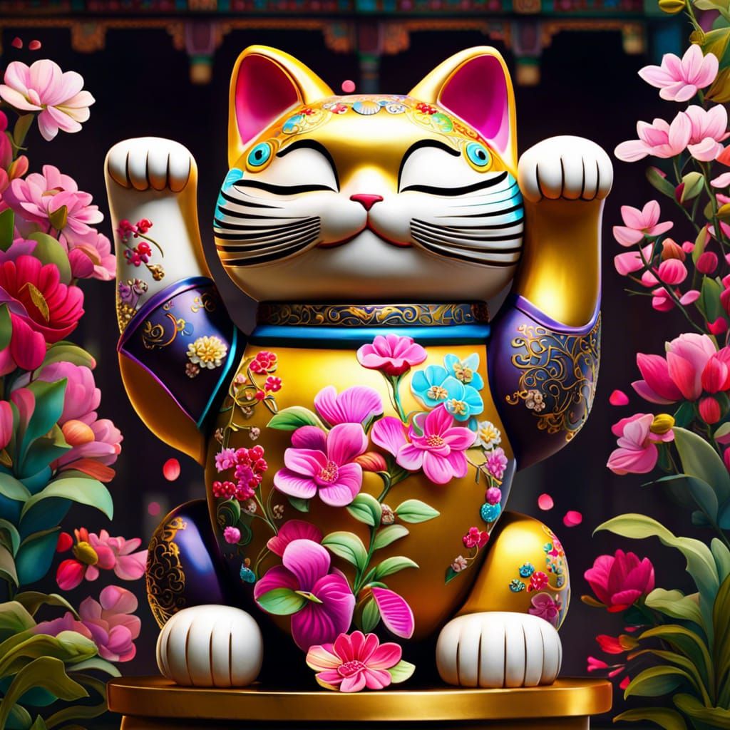 Elaborate Maneki Neko Statue with Floral Background