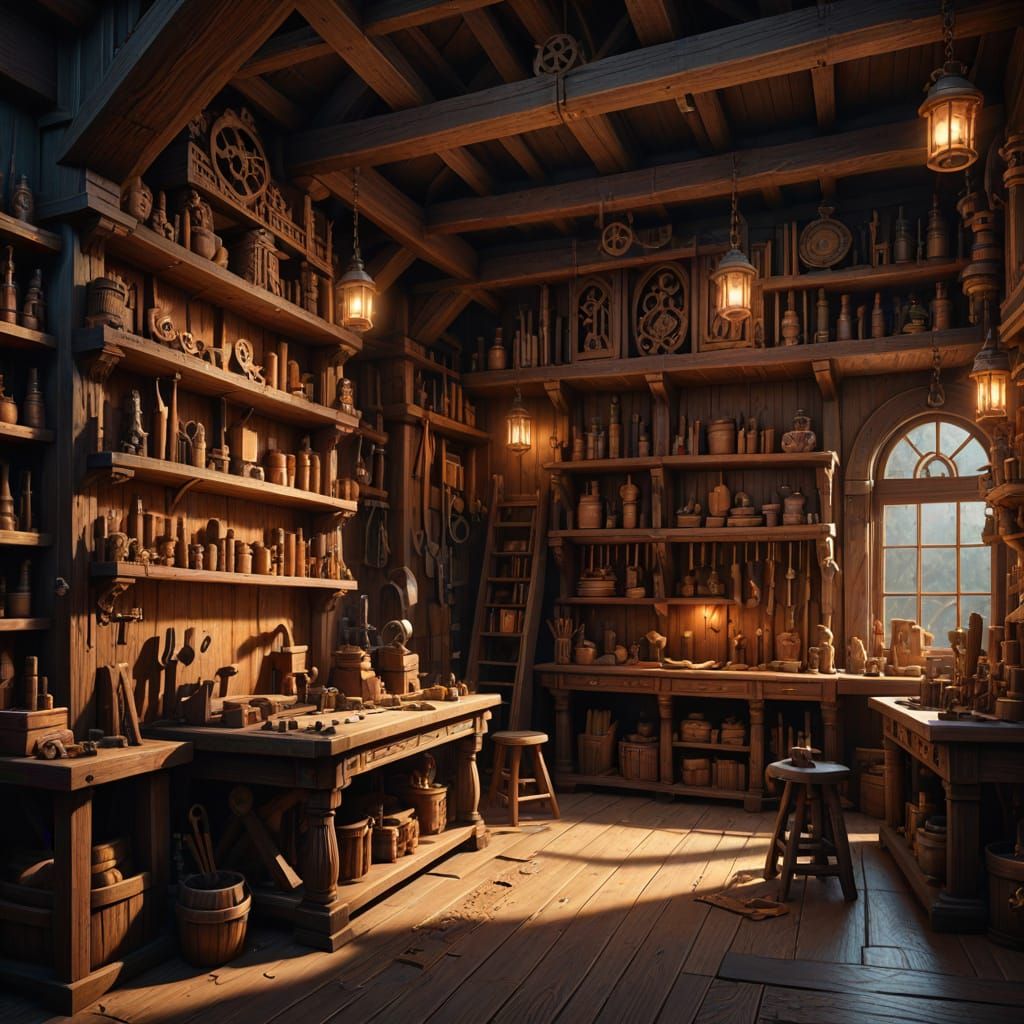Fantasy Carpenter's Workshop with Wooden Carvings