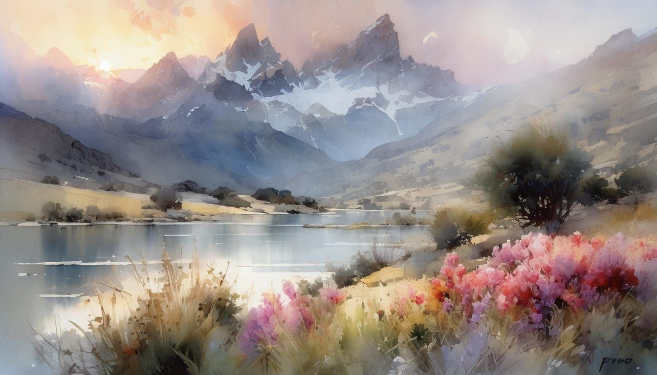 Sunrise Over Mountains and Lake in Watercolor Style