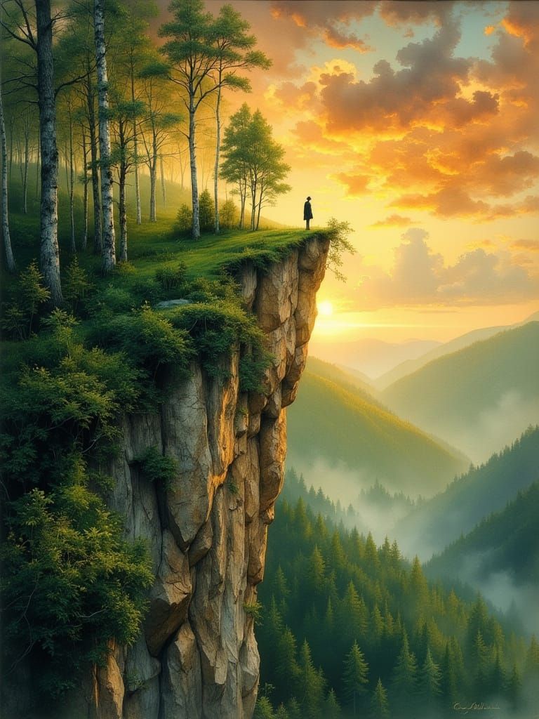 Magical Forest Cliff at Sunset in Art Nouveau Style