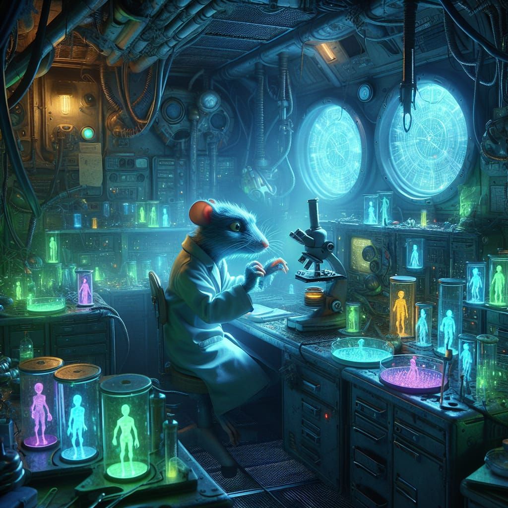 Bioluminescent Lab Inside Spaceship with Rat Bio-Hacker