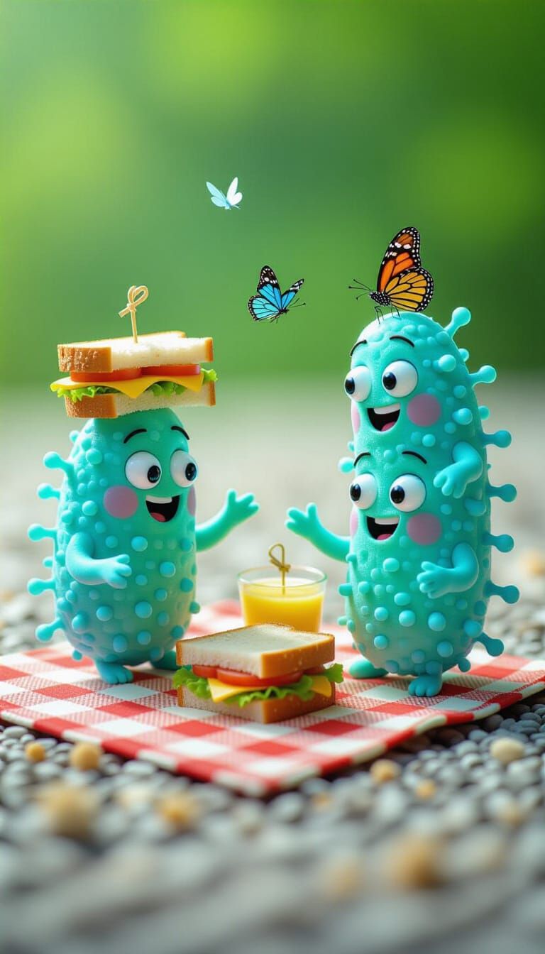 Funny Microbes Enjoying a Microscopic Picnic