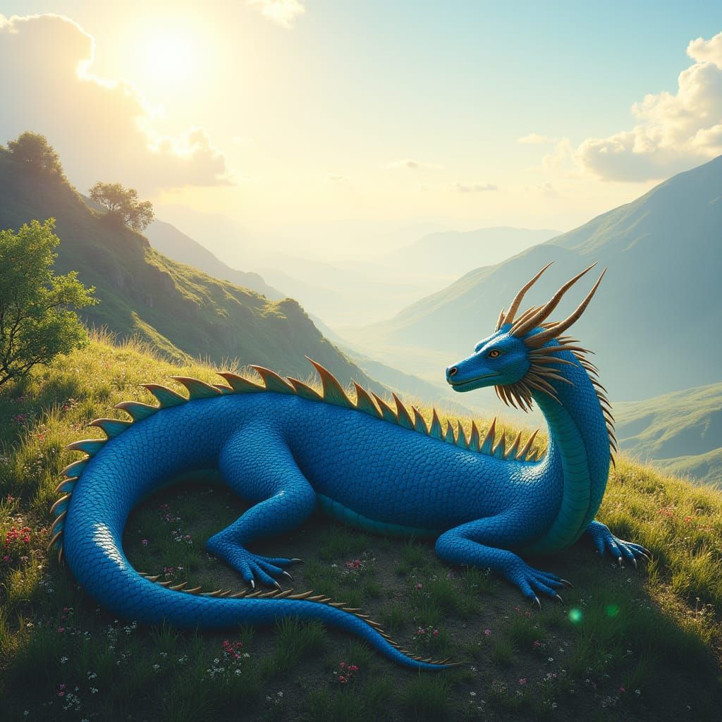Majestic Blue Dragon on Rolling Hill