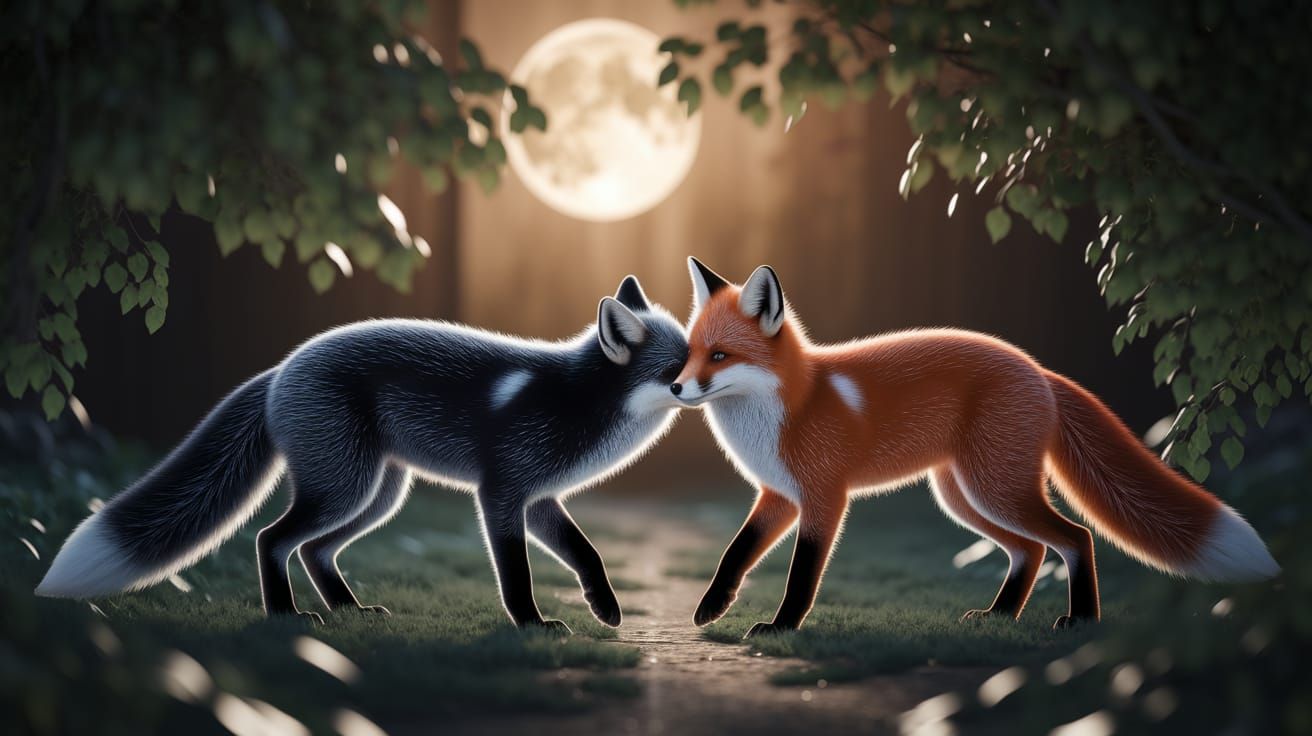Fox Courtship Under Moonlight in Deep Saturation