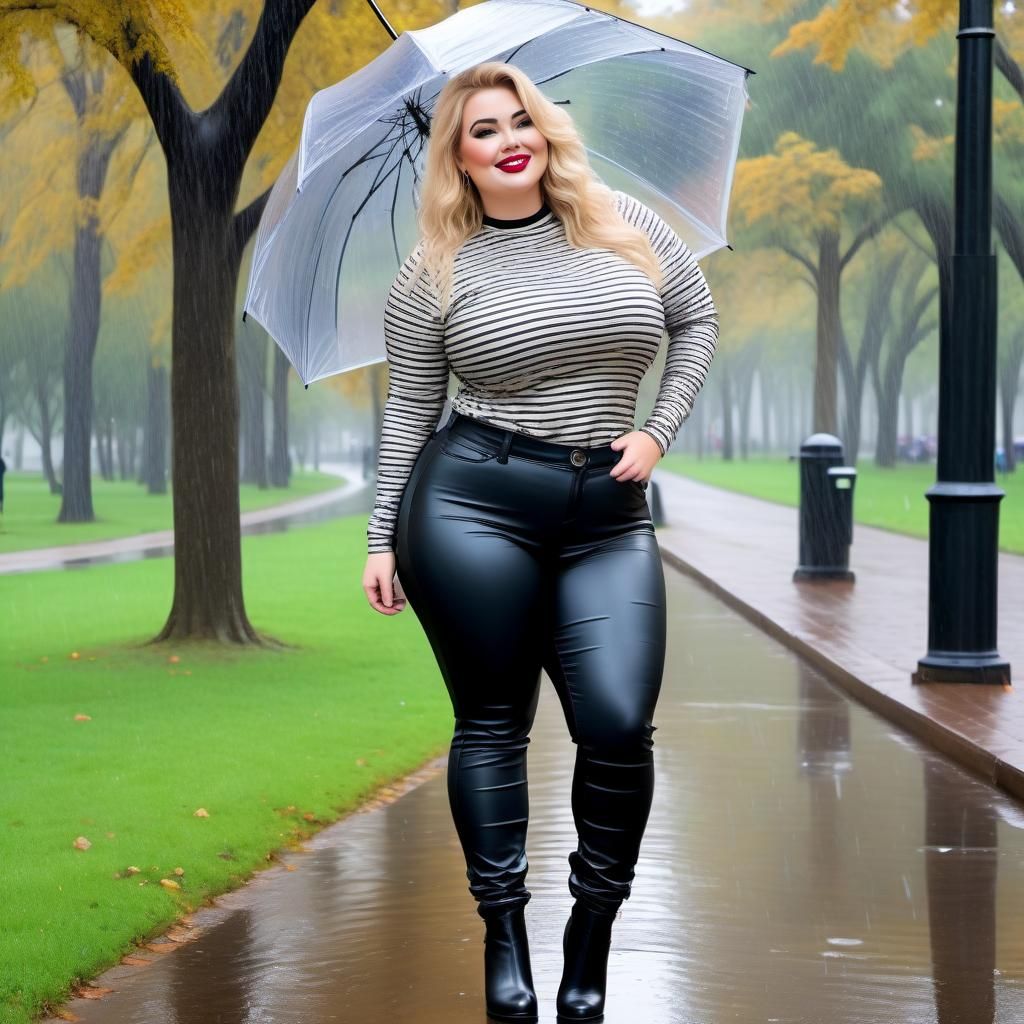 Curvy Woman Walking in the Rain in a Park