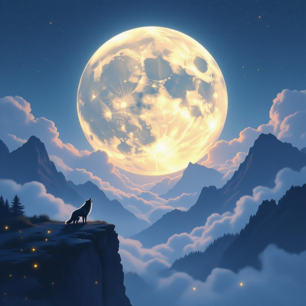Glowing Moon Over Misty Mountains in Fantasy Art