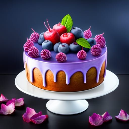 Blueberry Cake with Drips in Watercolor Style