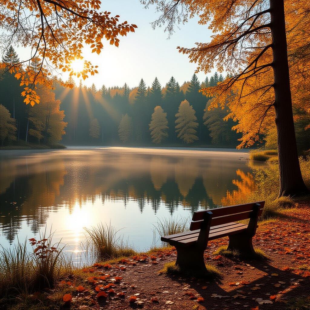 Autumn Lake Landscape with Golden Hour Sun