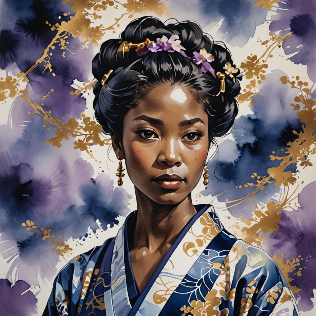 Ebony Woman in Yukata: Ink Painting Portrait