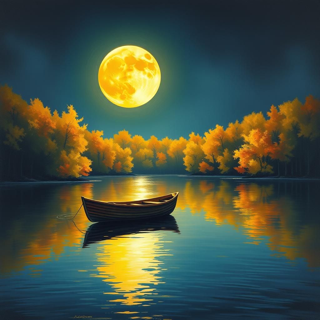 Autumn Lake at Night: Impressionist Painting