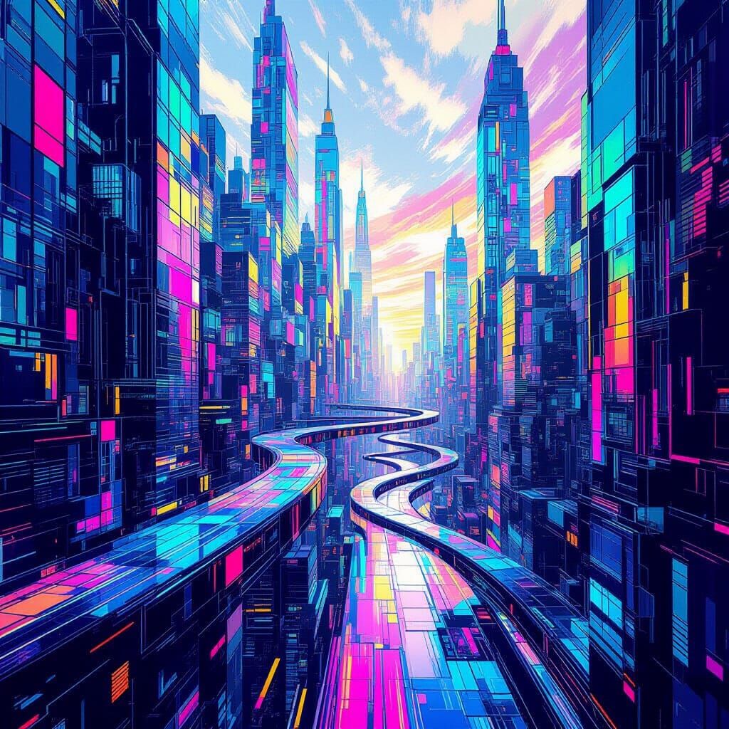 Abstract Glass Cityscape with Flowing Energy Lines