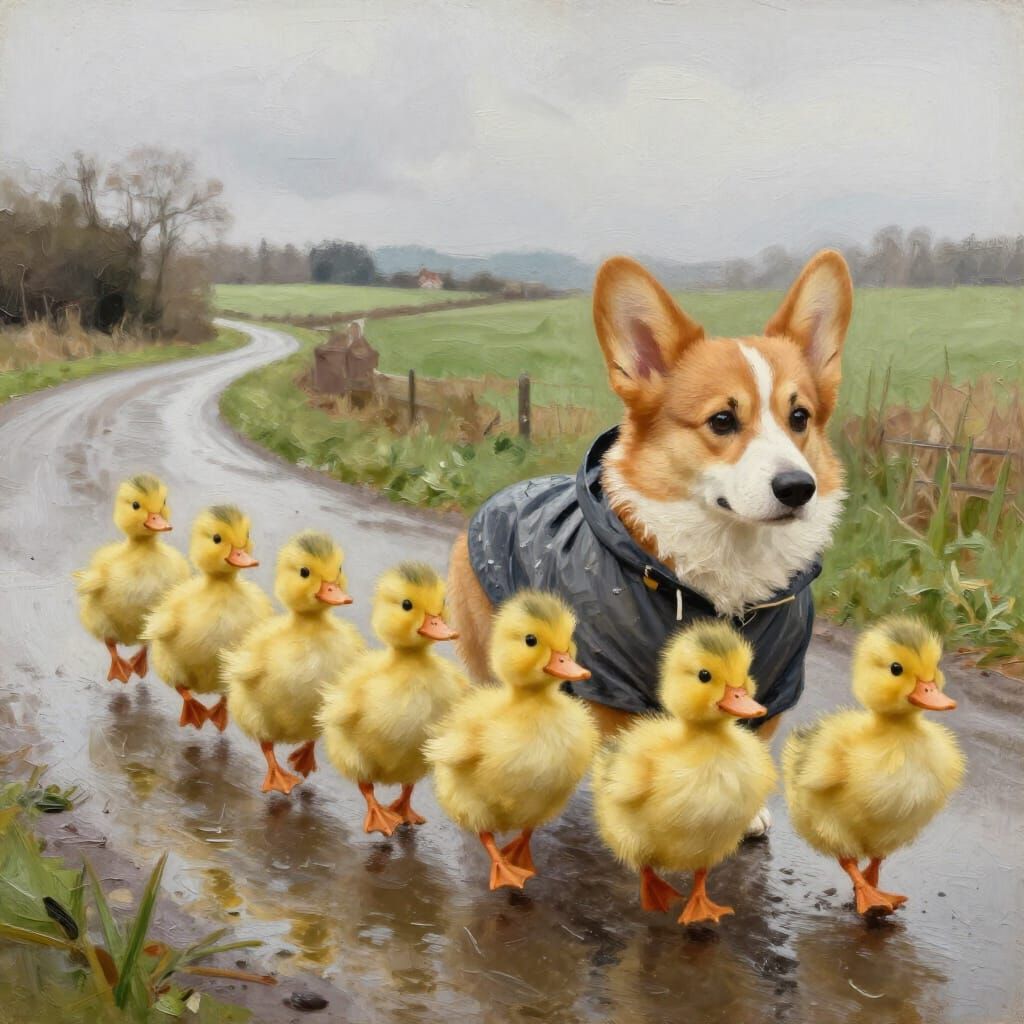 Corgi Leads Ducklings Down Wet Country Lane