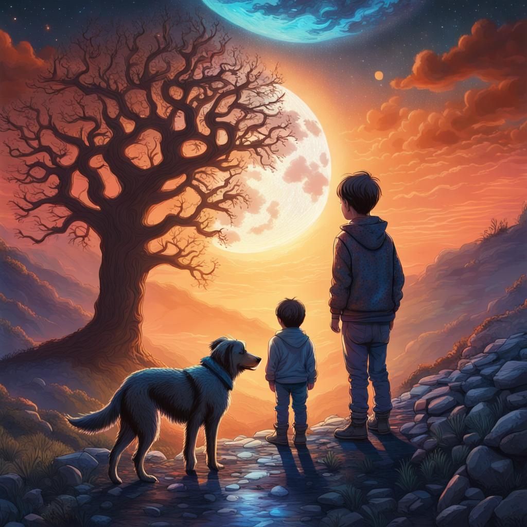 Boy and Dog on Mystical Path at Sunrise