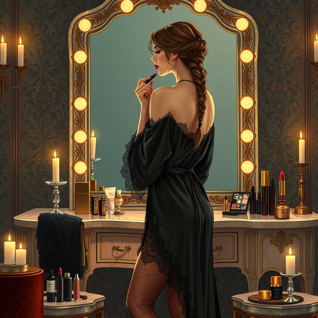 Elegant Noblewoman Applying Lipstick in Art Nouveau Style