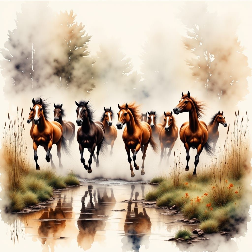 Wild Horses Running Through Meadow in Watercolor Style