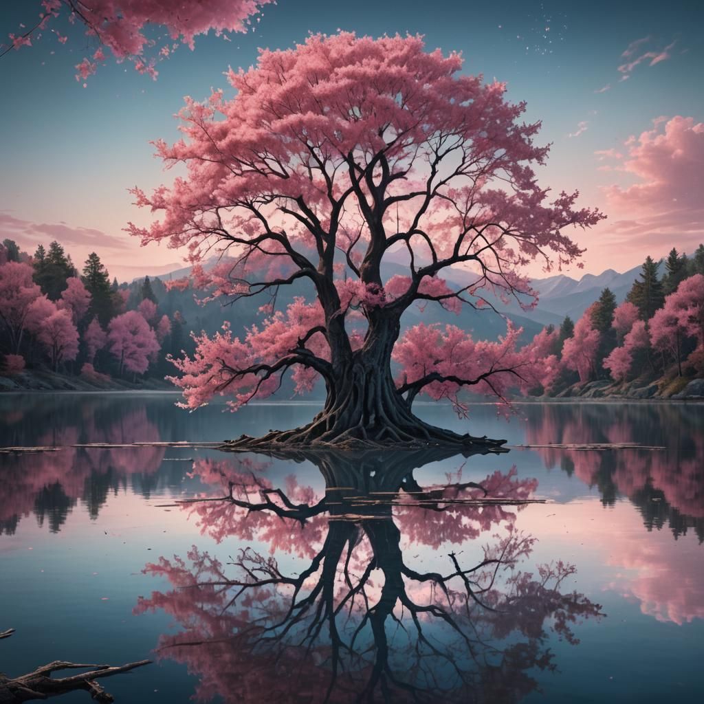 Pink Tree's Reflection: Surreal Fantasy Landscape