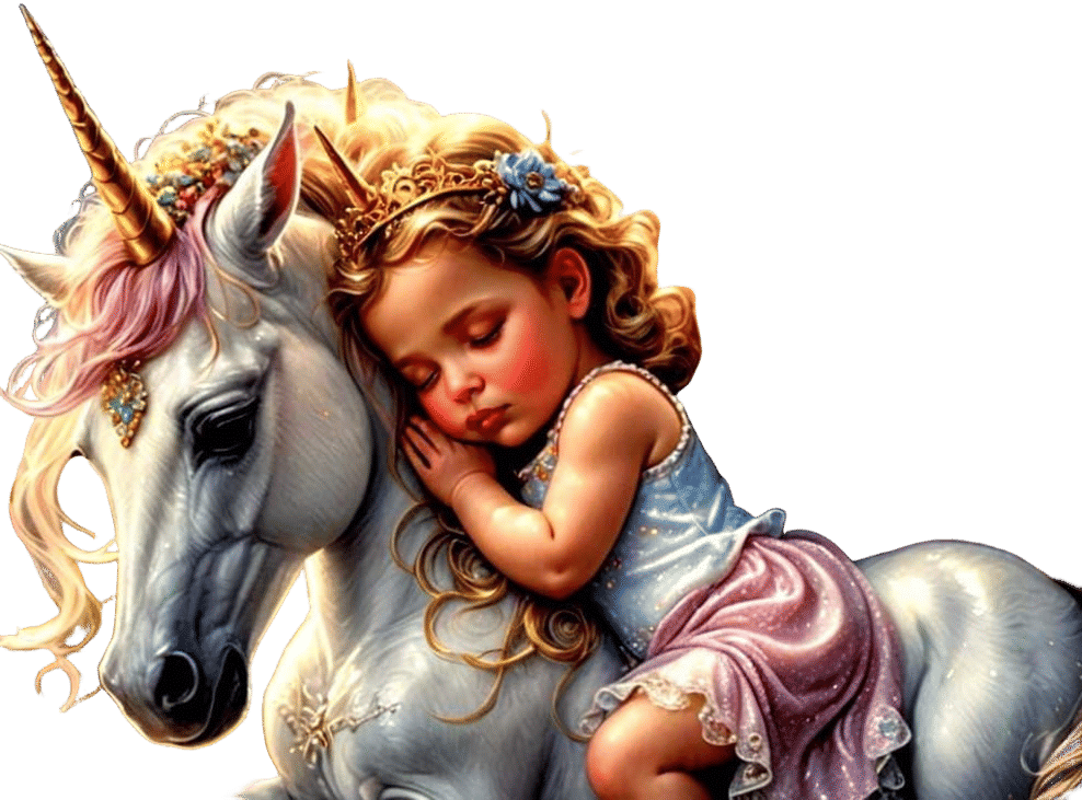 Baby Princess Sleeping with Unicorn, Hyperrealistic Fantasy