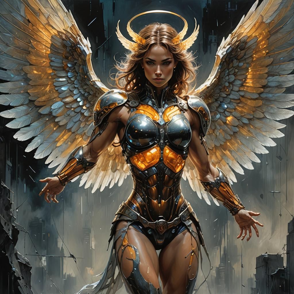 Winged Cyberpunk Angel Bodybuilder in Amber Light