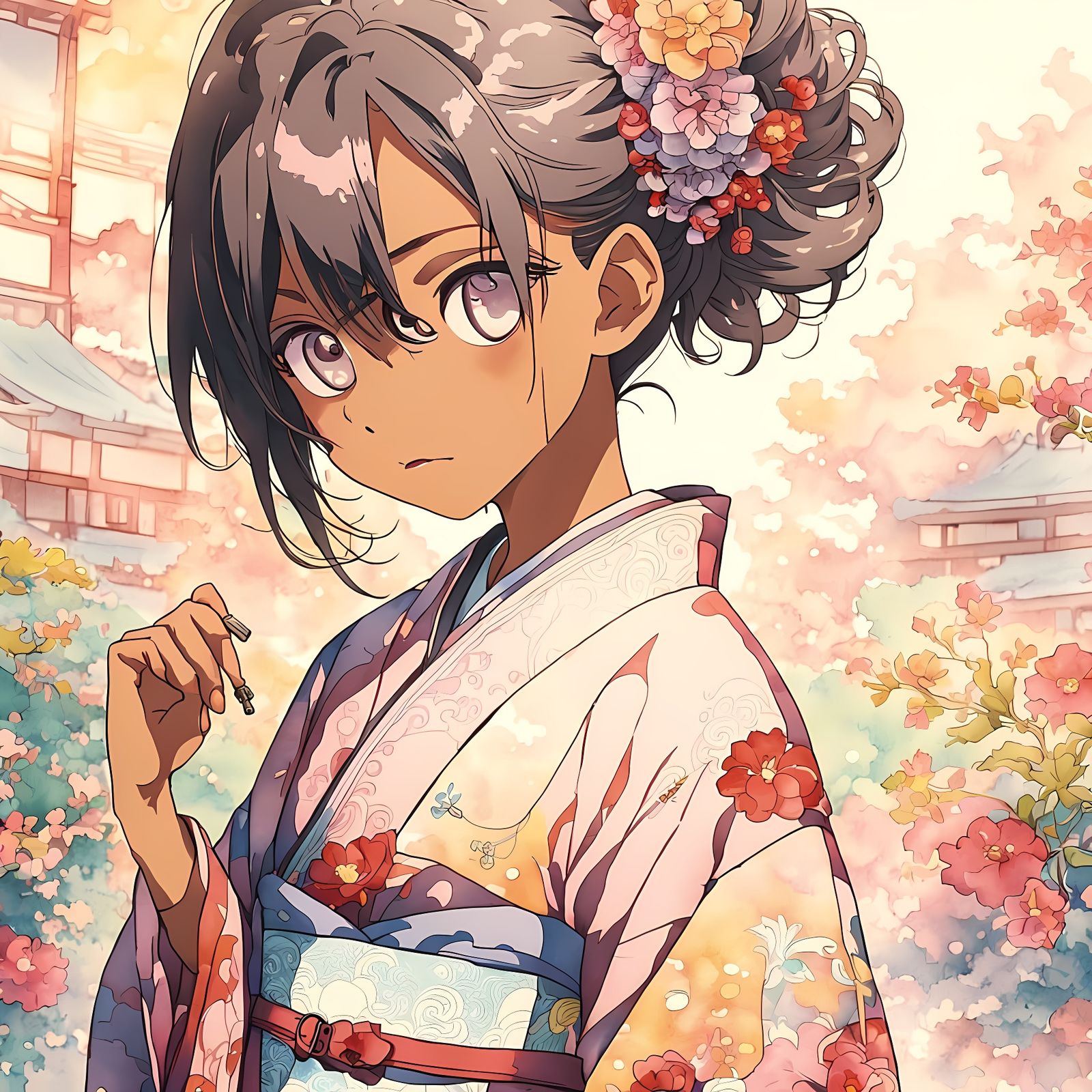 Anime Girl in Kimono in Japanese Garden