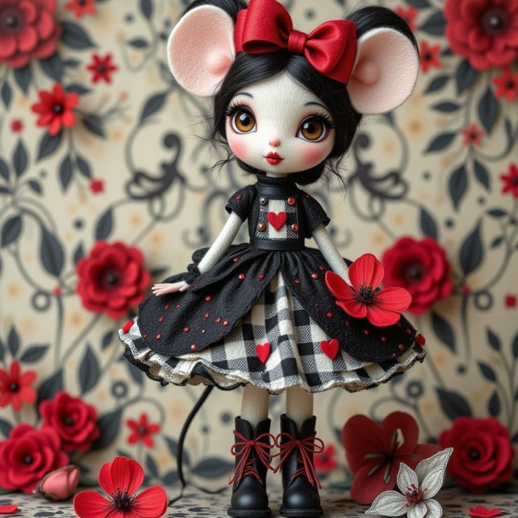 Felt Mouse Doll in Harlequin Costume With Roses