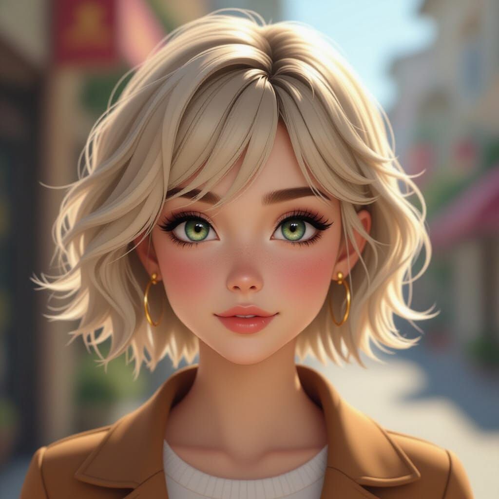 Anime-Inspired Blonde Girl with Pixie Cut, Digital Art