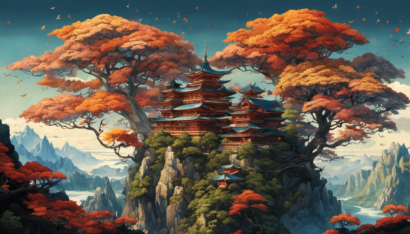 Origami Mountainscape Paper Art in Triadic Colors