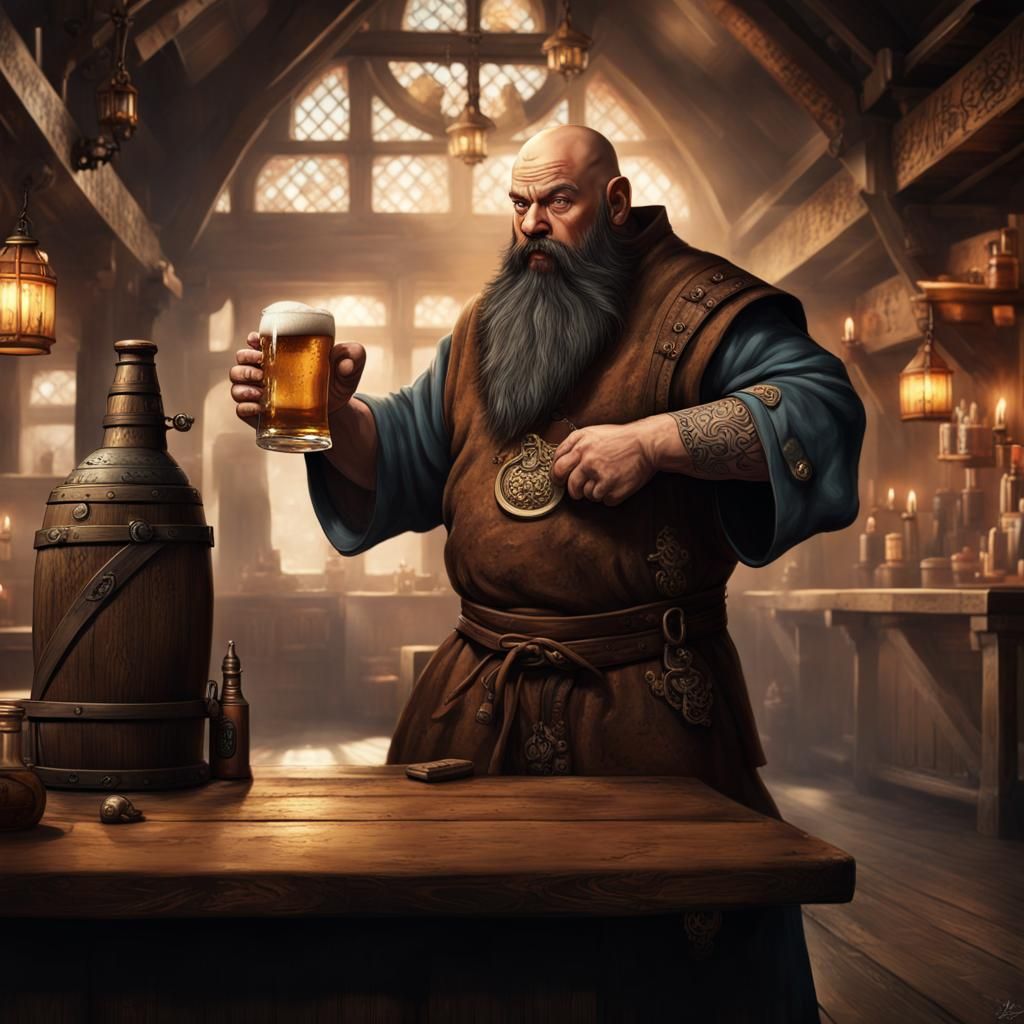 Dwarf Monk Brewer in Pub Fight: Fantasy Concept Art