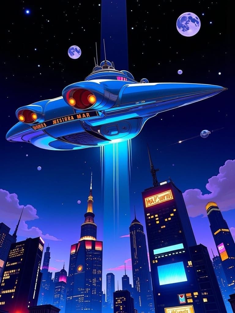 Classic Pulp Sci-Fi Cityscape Under Alien Invasion